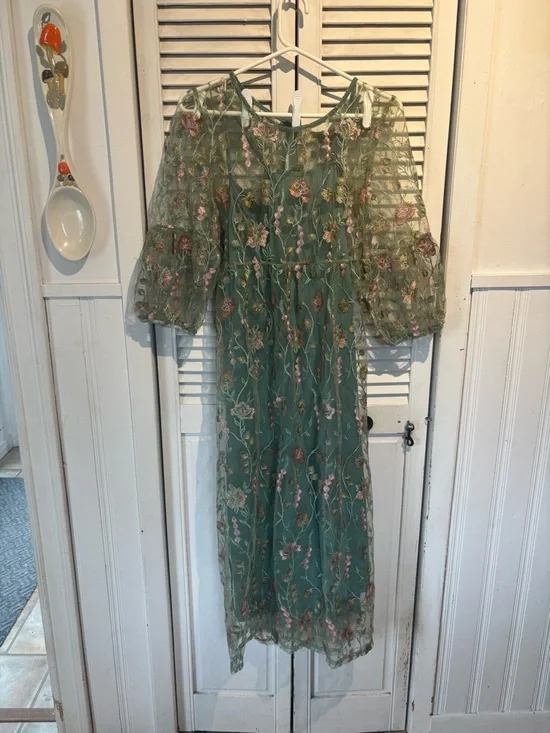 🧚 Suzanne Betro Teal Green Floral Embroidered Midi Dress fairy festival - Picture 2 of 10